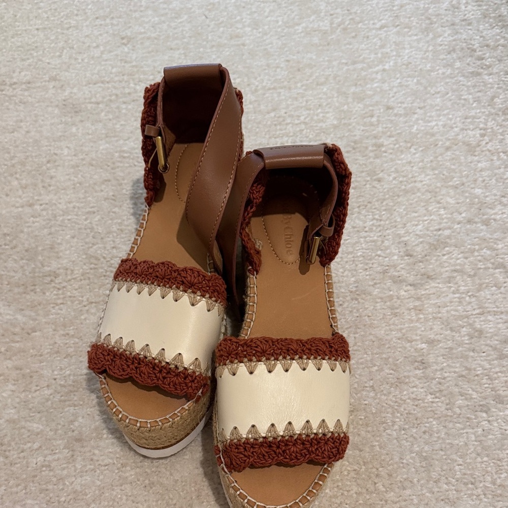 See By Chloe Brown and Cream Espadrille Sandals